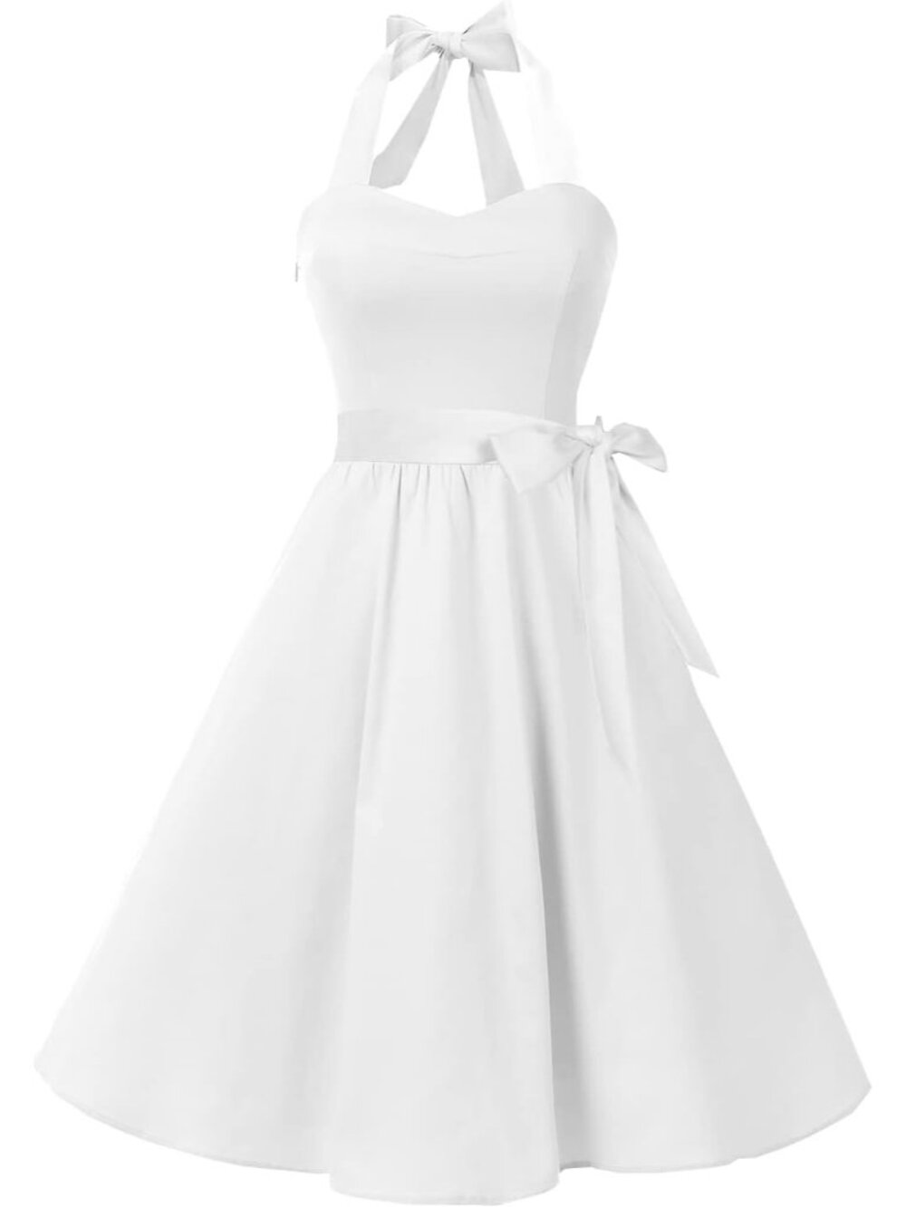 Women's White Halter Neck Vintage Polka Audrey Retro Cocktail Dress